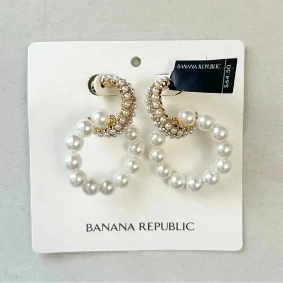 Banana Republic Pearl Drop Double Hoop Earrings Gold Tone & White NWT - Picture 6 of 11